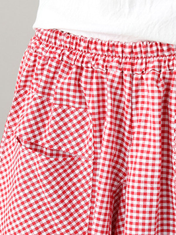 Elasticity Plaid Pleated Pockets High Waisted Irregularity Skirts