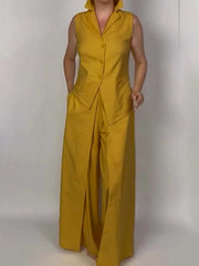 Buttoned Solid Color Sleeveless Lapel Vest Top