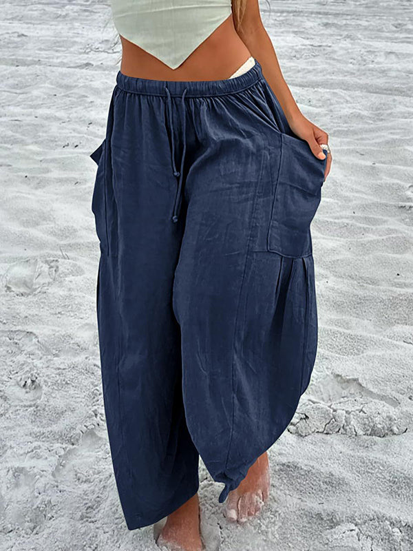 Drawstring Elasticity Pleated Pockets Solid Color High Waisted Loose Trousers Ninth Pants