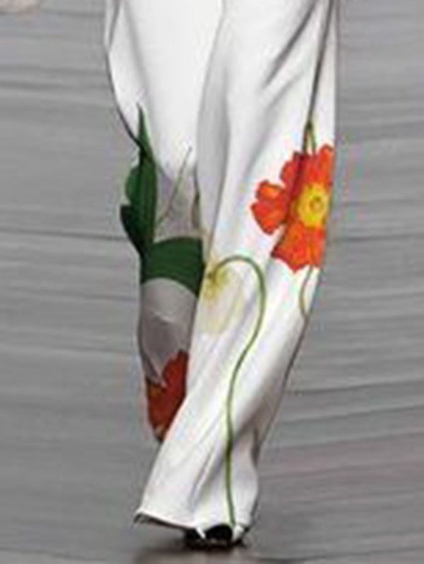 Asymmetric Floral Printed Split-Joint High Waisted Loose Trousers Pants