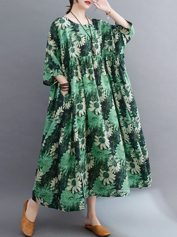 Floral Printed Pleated Split-Joint Loose Raglan Sleeve Round-Neck Midi Dresses