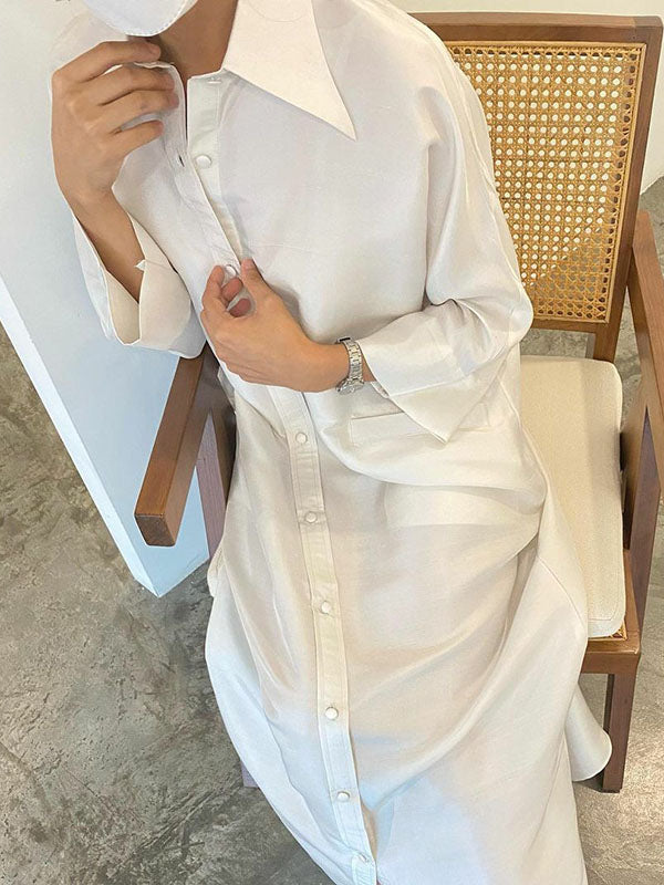Buttoned Pockets Solid Color Split-Side Long Sleeves Loose Lapel Shirt Dress Maxi Dresses