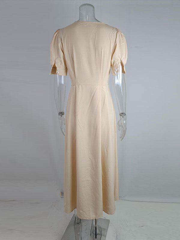 Buttoned High Waisted Loose Round-neck Midi Dresses