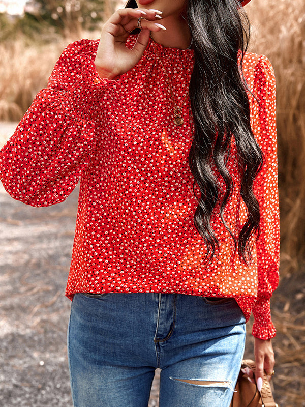 Elasticity Flower Print Ruffled Long Sleeves Loose Mock Neck Blouses&Shirts Tops