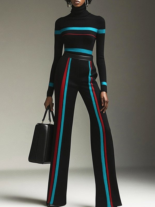 Contrast Color Striped Long Sleeves High Neck Sweater Tops Pullovers