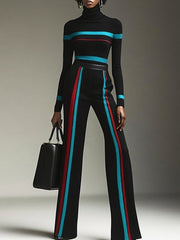 Contrast Color Striped Long Sleeves High Neck Sweater Tops Pullovers