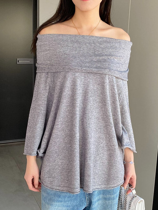 Solid Color Batwing Sleeves Flared Sleeves Off-the-shoulder Knit Top