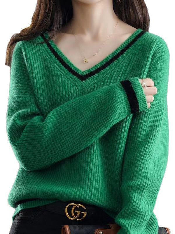 Urban Loose Long Sleeves Contrast Color V-Neck Sweater Tops