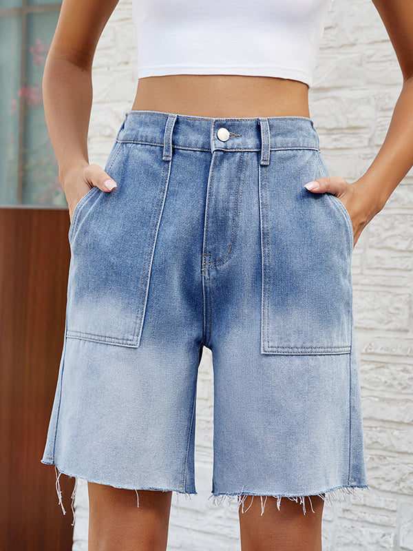 Buttoned Elasticity Fringed Pockets Split-Joint Loose Denim Shorts