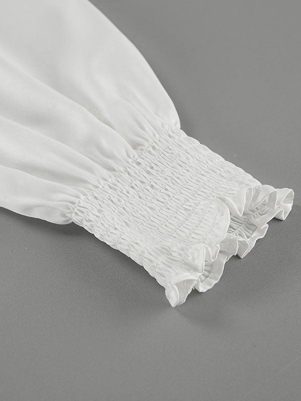 Elasticity Pleated Solid Color Split-Joint Loose Puff Sleeves V-Neck Blouses&Shirts Tops