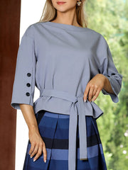 Buttoned Tied Waist Loose Three-Quarter Sleeves Round-Neck T-Shirts Tops