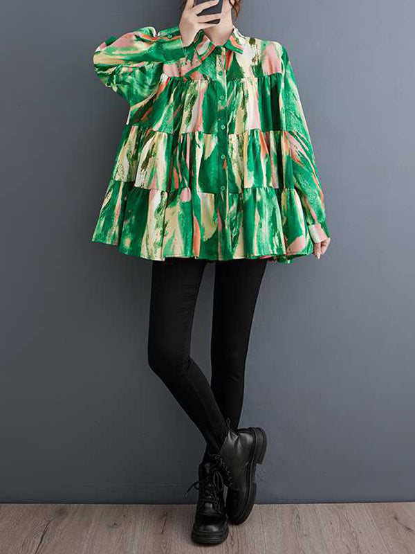 Pleated Printed Split-Joint Long Sleeves Loose Lapel Blouses