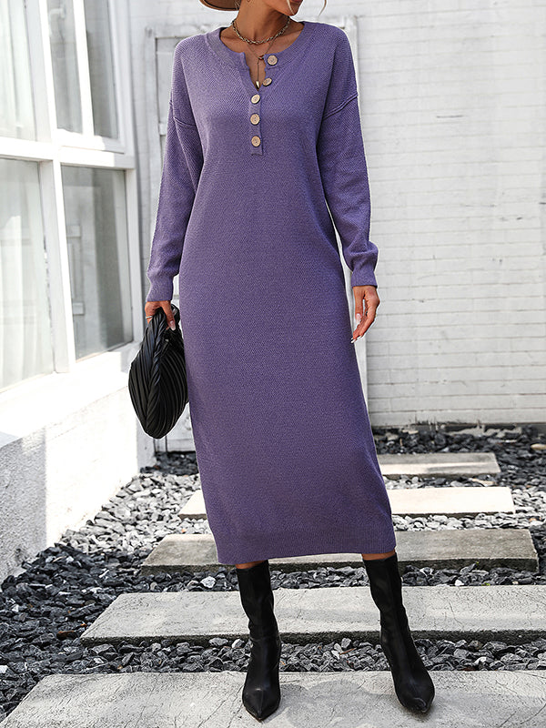 Buttoned Split-Joint Long Sleeves Loose Round-Neck Sweater Dresses Midi Dresses