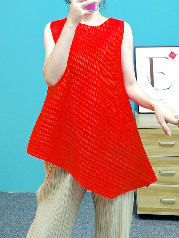 Pleated Solid Color Irregular Clipping Loose Round-Neck Vest Top