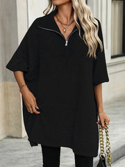 Split-Joint Zipper Loose Three-Quarter Sleeves V-Neck Sweater Tops