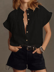 Pleated Ruffled See-Through Split-Joint Loose Short Sleeves Round-neck Blouses&shirts Tops