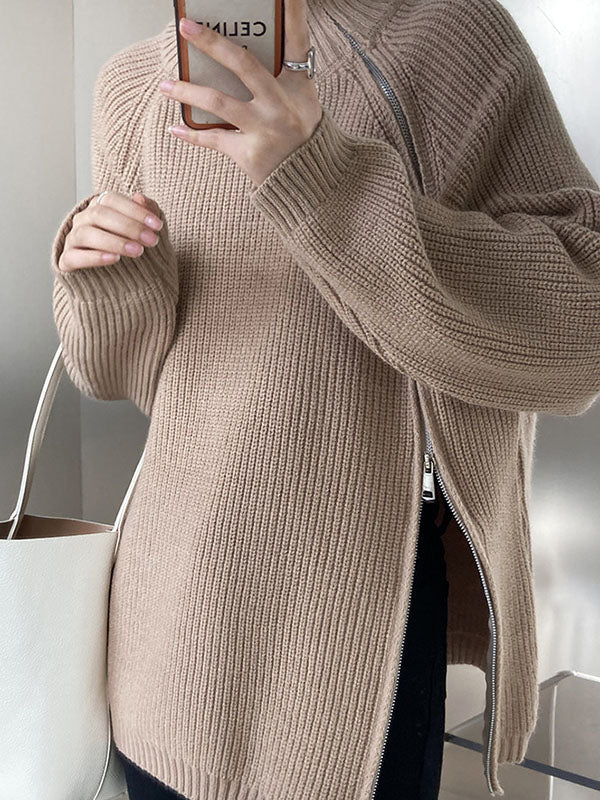 Urban Loose Long Sleeves Split-Side Solid Color Zipper Halter-Neck Sweater Tops