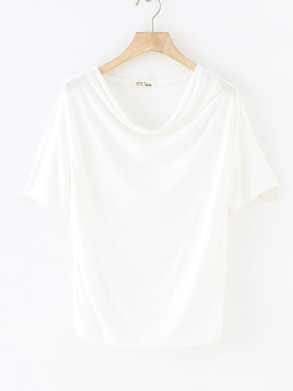 Pleated Solid Color Short Sleeves Heaps Collar T-Shirts Tops