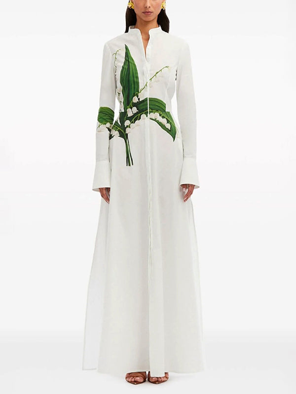 Buttoned Flower Print A-Line Long Sleeves Round-Neck Maxi Dresses