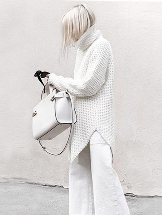 Loose Solid Knitting High-neck Long Sweater