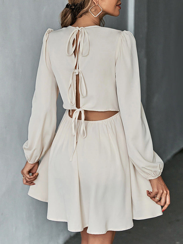 Backless Elasticity Hollow Pleated Solid Color Tied A-Line Bishop Sleeve Round-Neck Mini Dresses