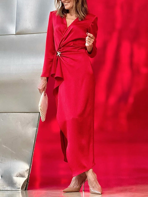 Buckle Solid Color Long Sleeves V-neck Maxi Dresses
