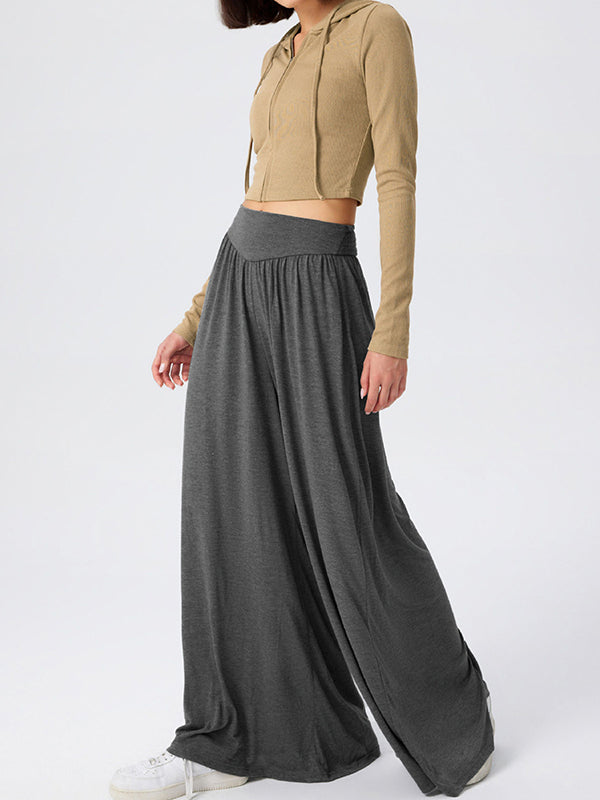 Pleated Pockets Solid Color Split-Joint High Waisted Loose Trousers Pants