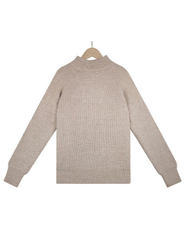 Stylish Loose Solid Color& Contrast Color Striped Lapel Collar Sweater Tops