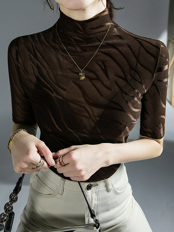 See-Through Half Sleeves Plus Size High Neck T-Shirts Tops