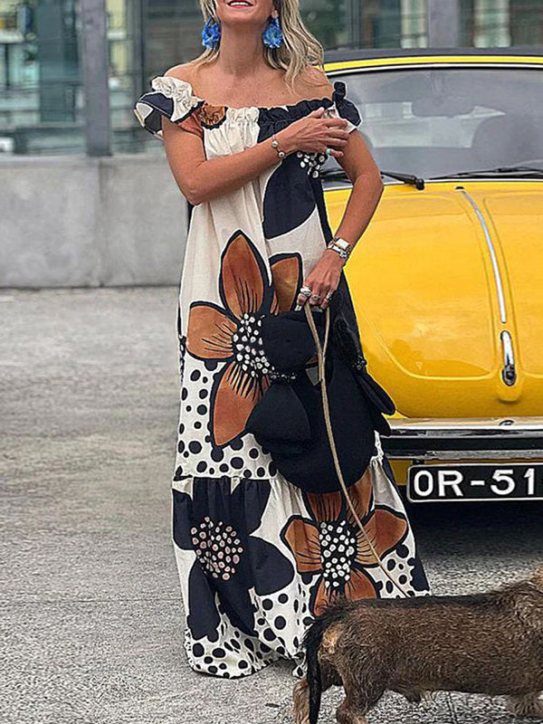 Loose Short Sleeves Flower Print Split-Joint Off-The-Shoulder Maxi Dresses