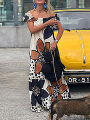 Loose Short Sleeves Flower Print Split-Joint Off-The-Shoulder Maxi Dresses