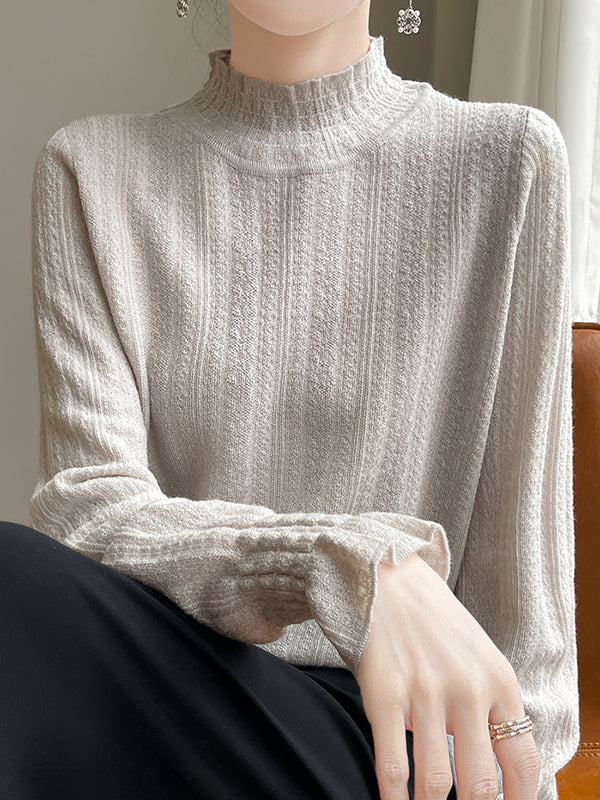 Elasticity Ruffle Trim Solid Color Long Sleeves Loose Mock Neck T-Shirts Tops