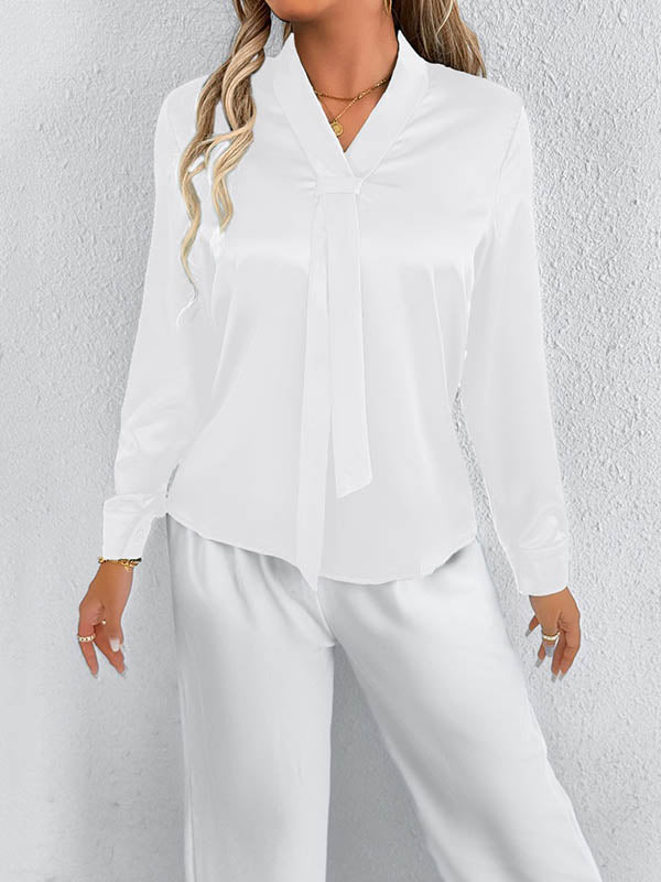 Solid Color Split-Joint Streamer Long Sleeves Loose Scarf Collar Blouses&Shirts Tops