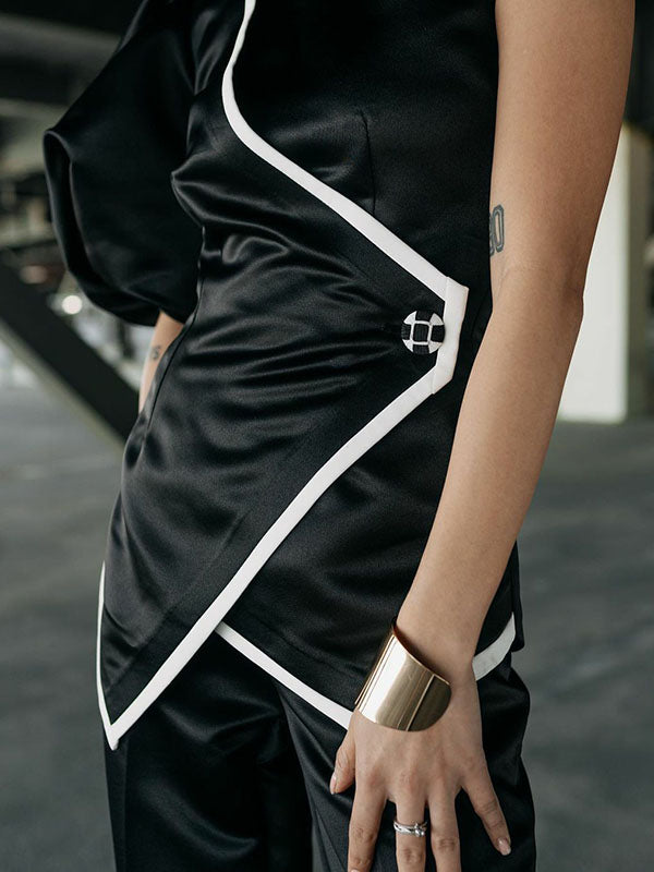 Asymmetric Buttoned Striped Short Sleeves Round-Neck T-Shirts Tops&Pants Bottoms Two Pieces Set