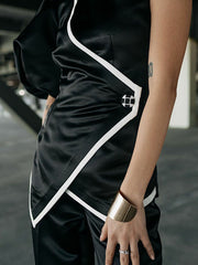 Asymmetric Buttoned Striped Short Sleeves Round-Neck T-Shirts Tops&Pants Bottoms Two Pieces Set