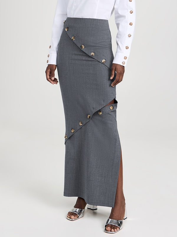 Asymmetric Buttoned Split-Joint Split-side Zipper High Waisted Skirts Bottoms