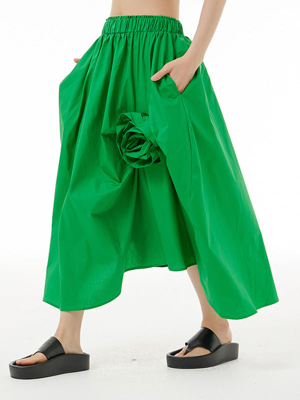 Asymmetric Elasticity Solid Color Three-Dimensional Flower Loose Skirts Bottoms