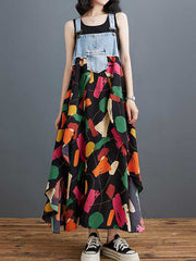 Contrast Color Pockets Printed Split-Joint A-Line Loose Spaghetti-Neck Maxi Dresses