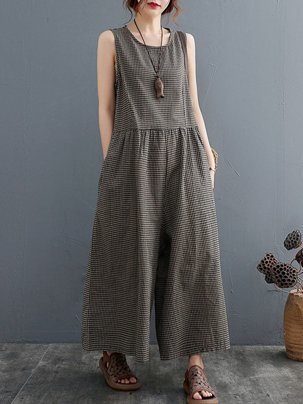 Plaid Split-Joint Loose Sleeveless Round-neck Jumpsuits