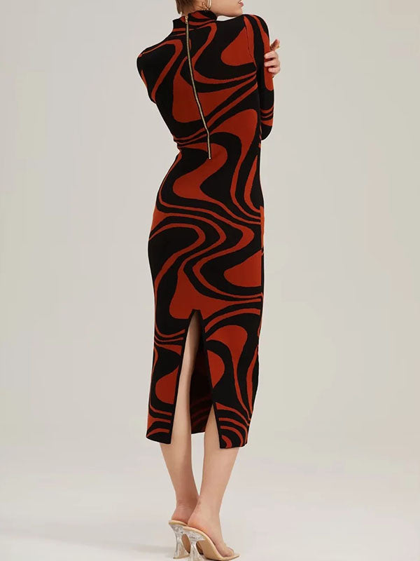 Contrast Color Printed Split-Back Split-Joint Zipper Long Sleeves Skinny High Neck Midi Dresses