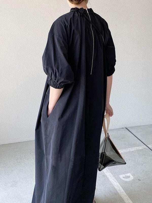 Simple Solid Color Stand Collar Loose Half Sleeve Shirt Dress