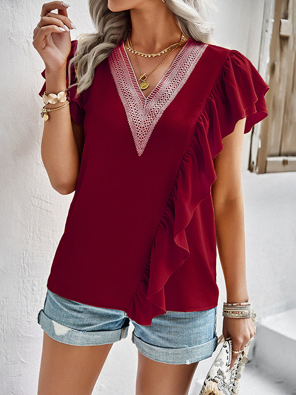 Asymmetric Split-Joint Ruffle Sleeves V-Neck Blouses&Shirts Tops