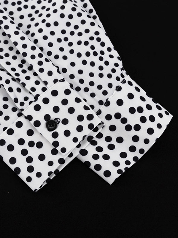 Polka-Dot Long Sleeves Loose Buttoned Contrast Color Pockets Lapel Blouses Tops + Pants Bottom Two Pieces Set