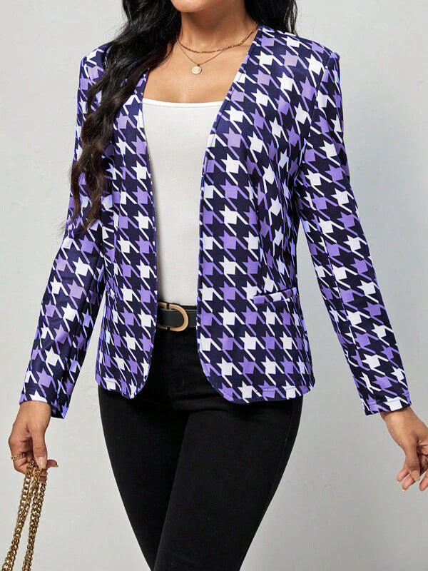 Houndstooth Pockets Long Sleeves Loose V-neck Outerwear Blazer