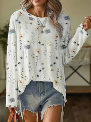 Flower Print Long Sleeves Loose Round-Neck T-Shirts Tops