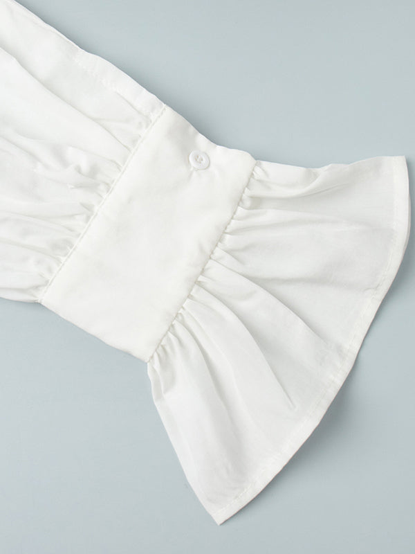 Pleated Solid Color Split-Joint Loose Puff Sleeves Lapel Blouses&shirts Tops