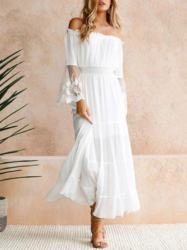 Pleated Solid Color Split-Joint High Waisted Loose Off-the-shoulder Maxi Dresses