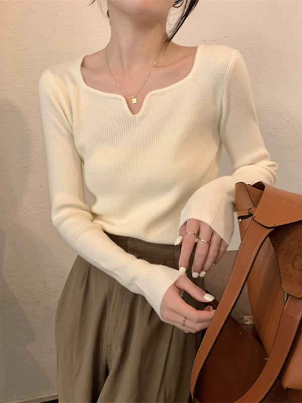 Colorful Solid Color Long Sleeves Skinny V-neck Sweater Tops Pullovers Knitwear