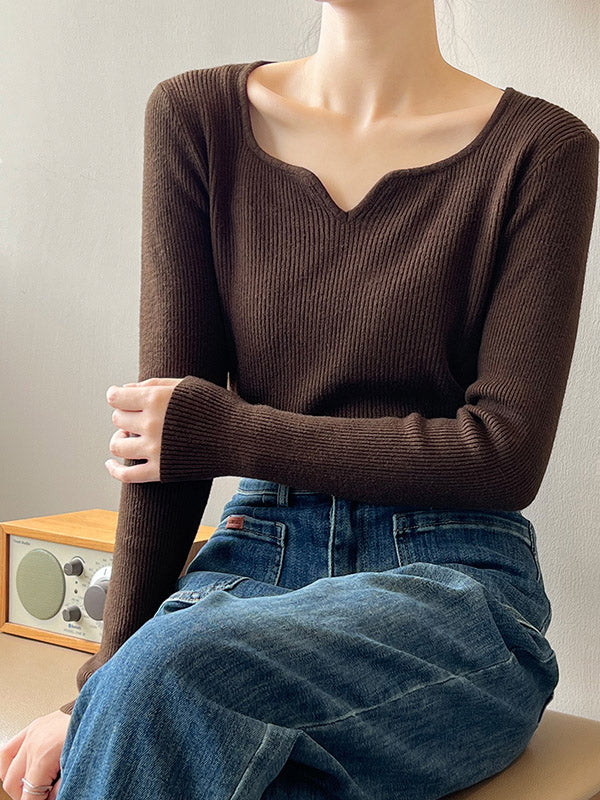 Urban Skinny Long Sleeves Elasticity Solid Color V-Neck Sweater Tops Pullovers