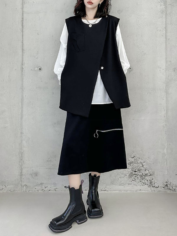 Asymmetric Zipper Loose Sleeveless Round-Neck Vest Top